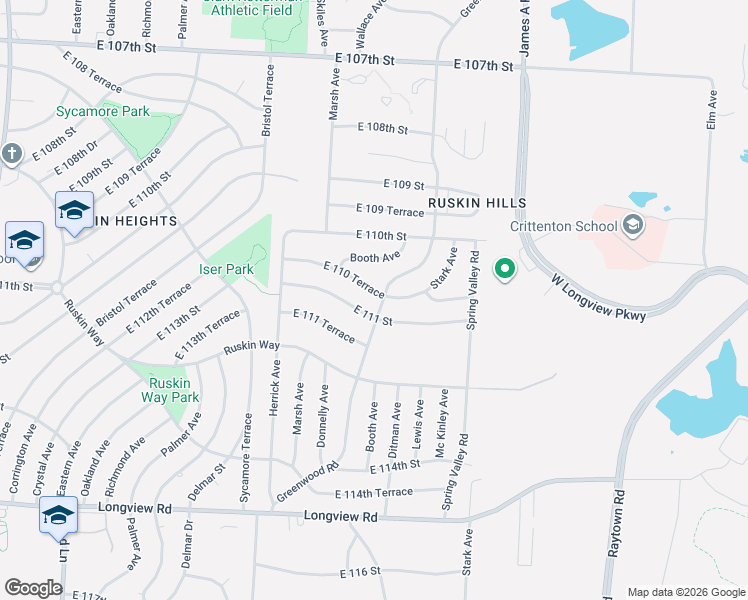 map of restaurants, bars, coffee shops, grocery stores, and more near 8513 East 110 Terrace in Kansas City