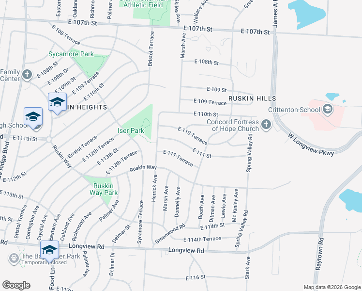 map of restaurants, bars, coffee shops, grocery stores, and more near 8405 East 111 Street in Kansas City