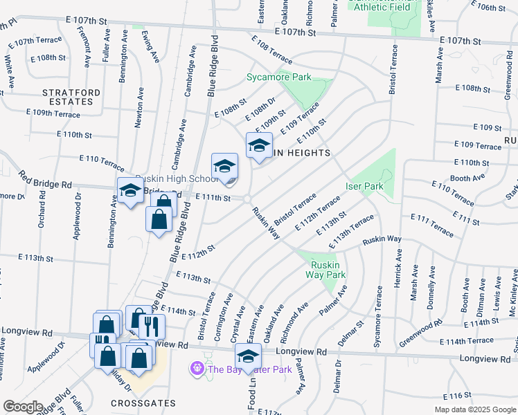 map of restaurants, bars, coffee shops, grocery stores, and more near 7304 East 112th Street in Kansas City