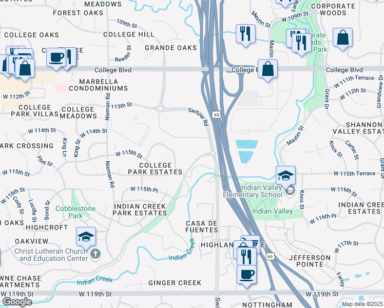 map of restaurants, bars, coffee shops, grocery stores, and more near 10300 Indian Creek Parkway in Overland Park