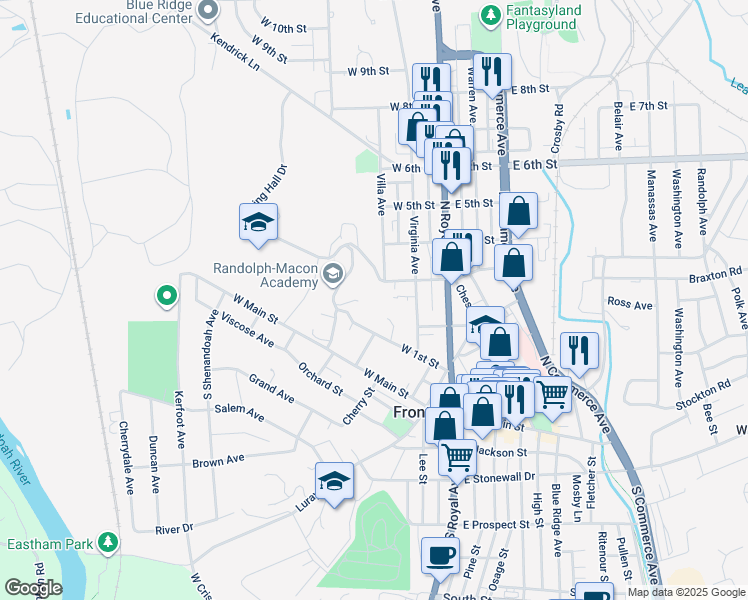map of restaurants, bars, coffee shops, grocery stores, and more near 101 Academy Drive in Front Royal