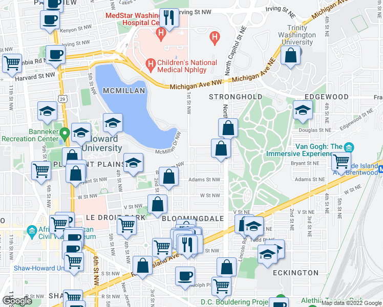 map of restaurants, bars, coffee shops, grocery stores, and more near 2417 1st Street Northwest in Washington