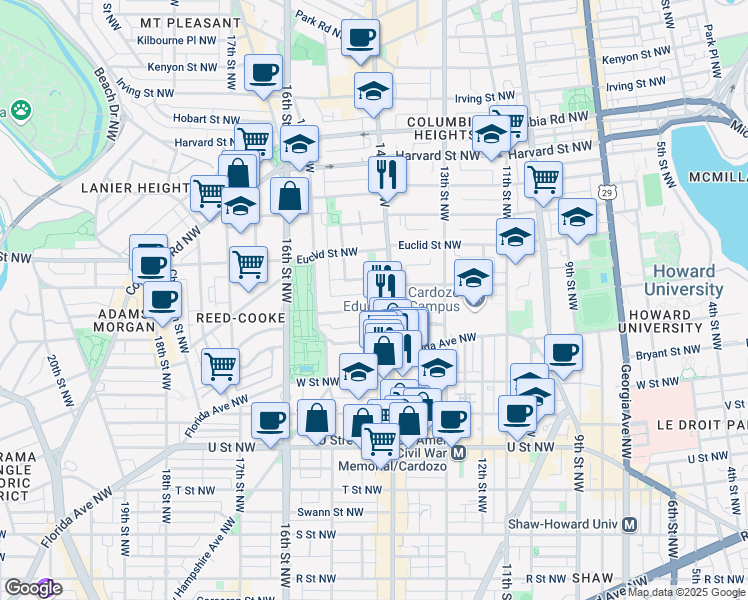 map of restaurants, bars, coffee shops, grocery stores, and more near 1415 Chapin Street Northwest in Washington
