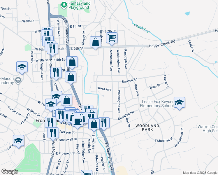 map of restaurants, bars, coffee shops, grocery stores, and more near 514 Ross Avenue in Front Royal