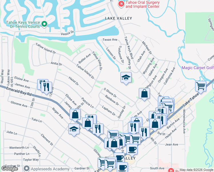map of restaurants, bars, coffee shops, grocery stores, and more near 880 Tahoe Island Drive in South Lake Tahoe