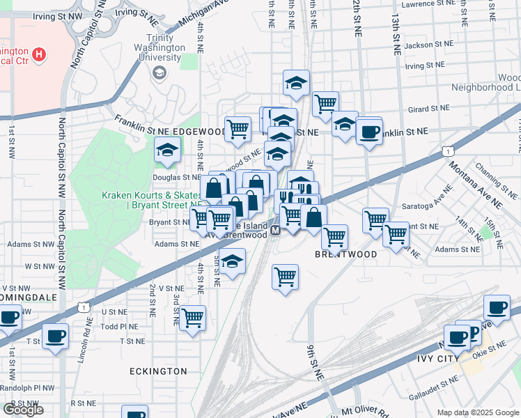 map of restaurants, bars, coffee shops, grocery stores, and more near 680 Rhode Island Avenue Northeast in Washington