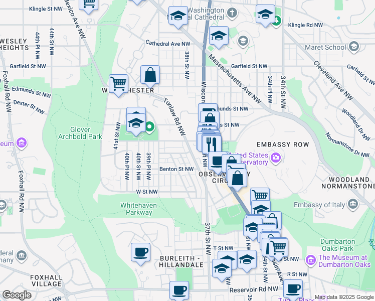 map of restaurants, bars, coffee shops, grocery stores, and more near 2446 Tunlaw Road Northwest in Washington