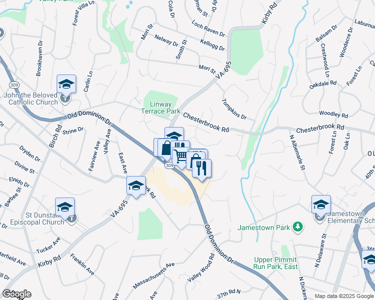 map of restaurants, bars, coffee shops, grocery stores, and more near 6217 Kilcullen Drive in McLean
