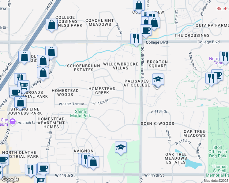 map of restaurants, bars, coffee shops, grocery stores, and more near 11382 Widmer Road in Lenexa