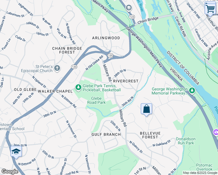 map of restaurants, bars, coffee shops, grocery stores, and more near 3738 Military Road in Arlington