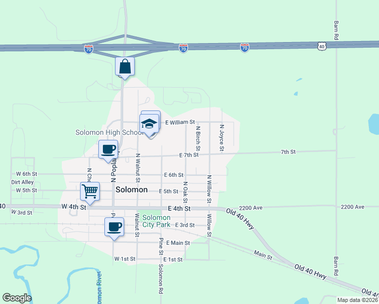 map of restaurants, bars, coffee shops, grocery stores, and more near 402 North Oak Street in Solomon