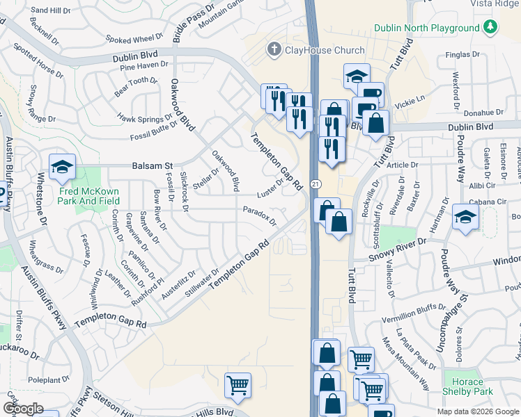 map of restaurants, bars, coffee shops, grocery stores, and more near 6195 Daylight Point in Colorado Springs
