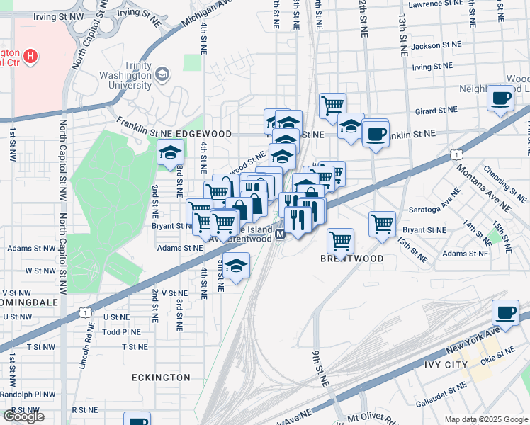 map of restaurants, bars, coffee shops, grocery stores, and more near 600 Rhode Island Avenue Northeast in Washington