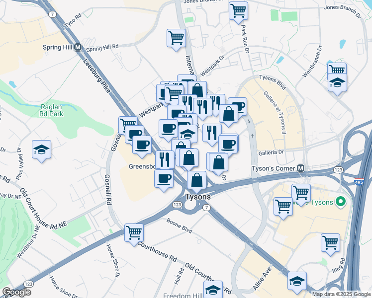 map of restaurants, bars, coffee shops, grocery stores, and more near 8285 Greensboro Drive in McLean
