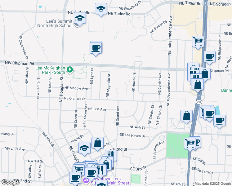 map of restaurants, bars, coffee shops, grocery stores, and more near 512 Northeast Weathervane Street in Lee's Summit