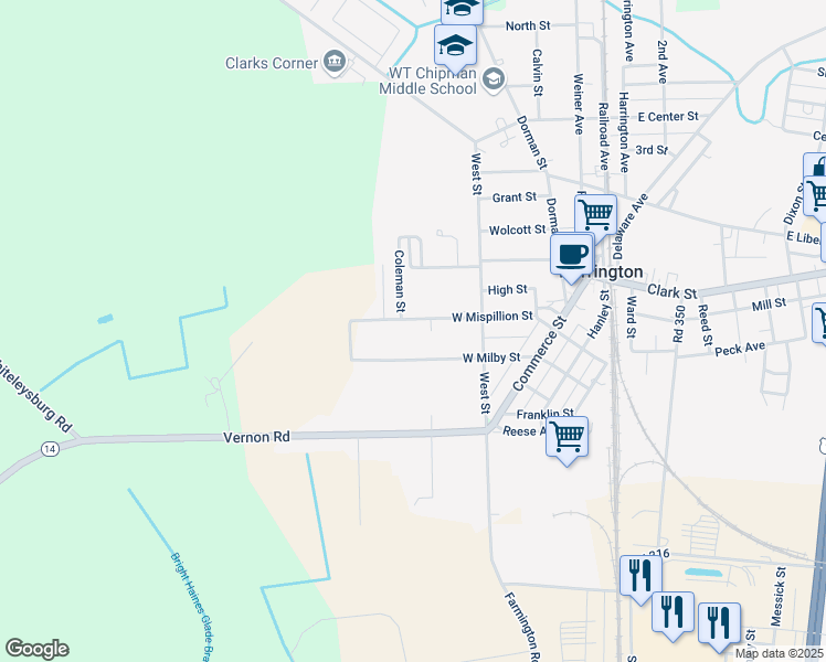 map of restaurants, bars, coffee shops, grocery stores, and more near 127 West Mispillion Street in Harrington