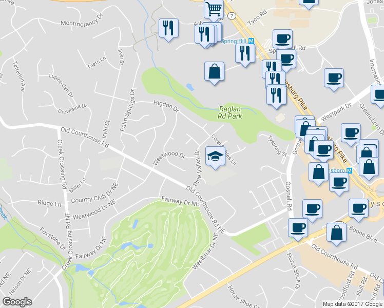 map of restaurants, bars, coffee shops, grocery stores, and more near 8700 Westwood Drive in Vienna
