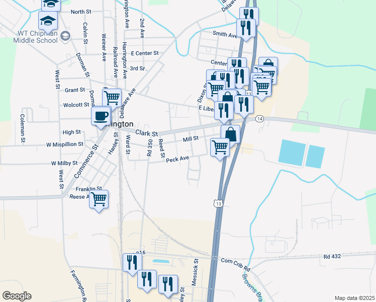 map of restaurants, bars, coffee shops, grocery stores, and more near 7 Dickerson St in Harrington