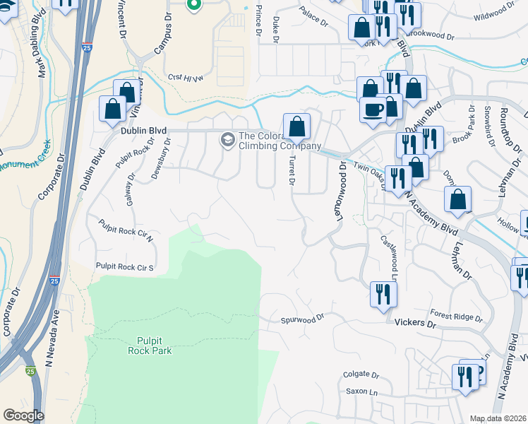 map of restaurants, bars, coffee shops, grocery stores, and more near 1410 Rock Ridge Court in Colorado Springs