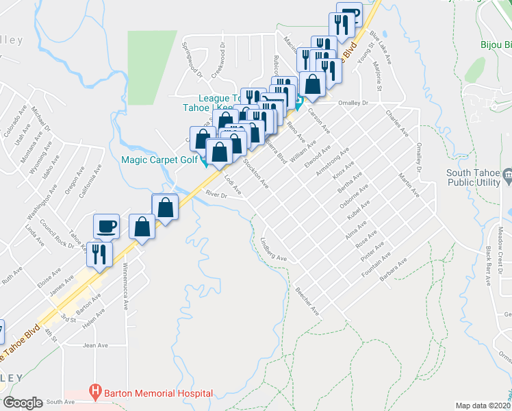 map of restaurants, bars, coffee shops, grocery stores, and more near 1075 Lodi Avenue in South Lake Tahoe