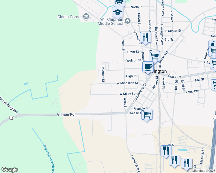 map of restaurants, bars, coffee shops, grocery stores, and more near 127 West Mispillion Street in Harrington