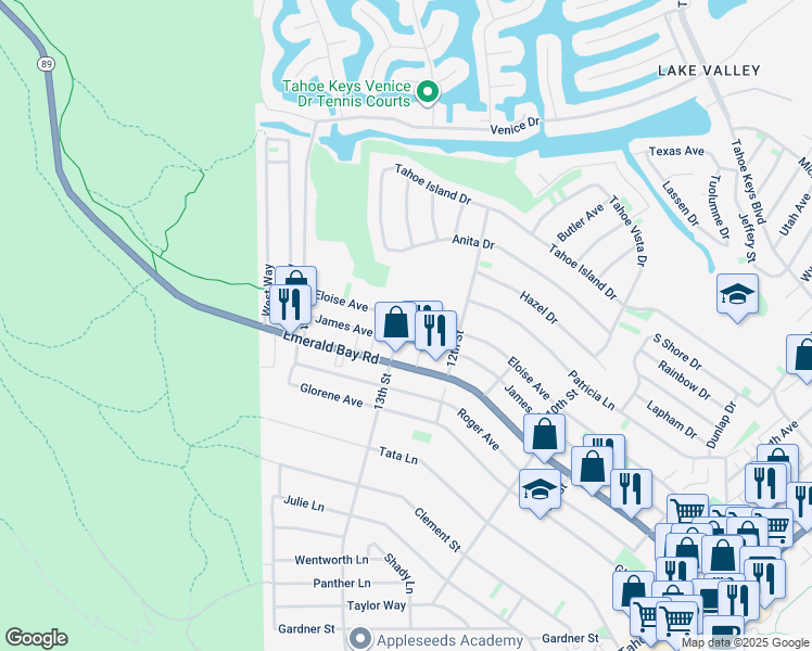 map of restaurants, bars, coffee shops, grocery stores, and more near 2036 13th Street in South Lake Tahoe