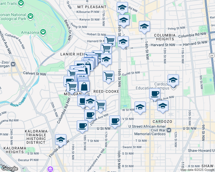 map of restaurants, bars, coffee shops, grocery stores, and more near 1631 Kalorama Road Northwest in Washington