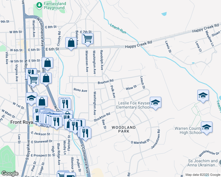map of restaurants, bars, coffee shops, grocery stores, and more near 224 Polk Avenue in Front Royal