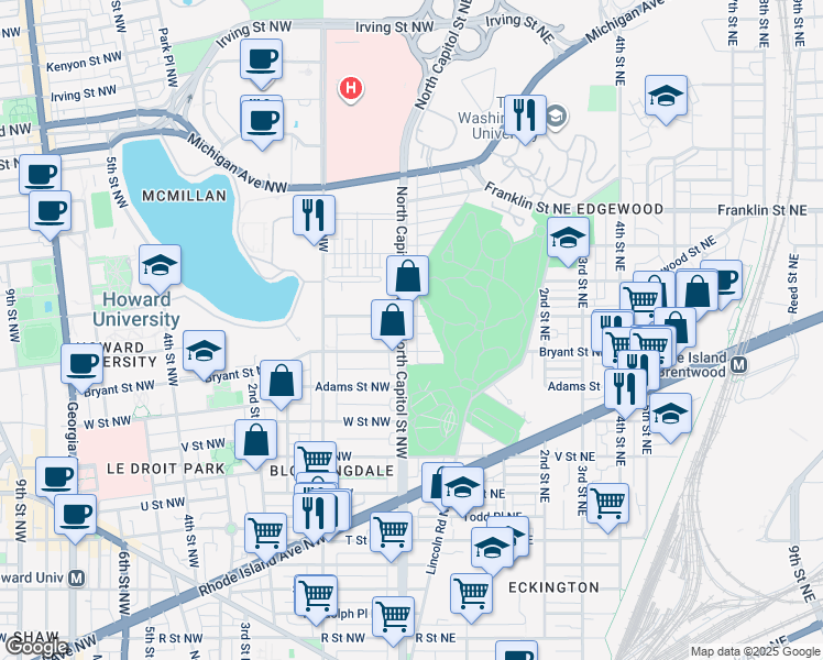 map of restaurants, bars, coffee shops, grocery stores, and more near 101 Independence Avenue Southeast in Washington