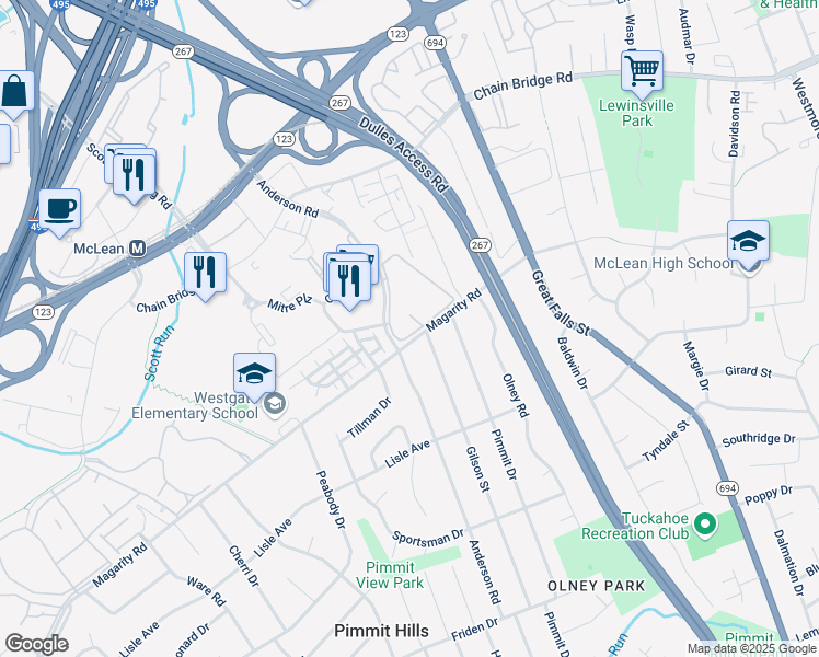 map of restaurants, bars, coffee shops, grocery stores, and more near 1753 Westwind Way in McLean