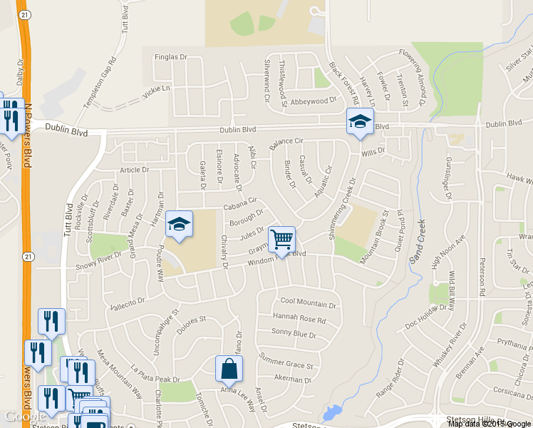 map of restaurants, bars, coffee shops, grocery stores, and more near 6557 Cabana Circle in Colorado Springs
