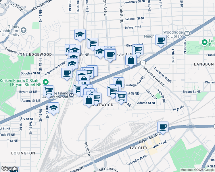 map of restaurants, bars, coffee shops, grocery stores, and more near 1020 Bryant Street Northeast in Washington