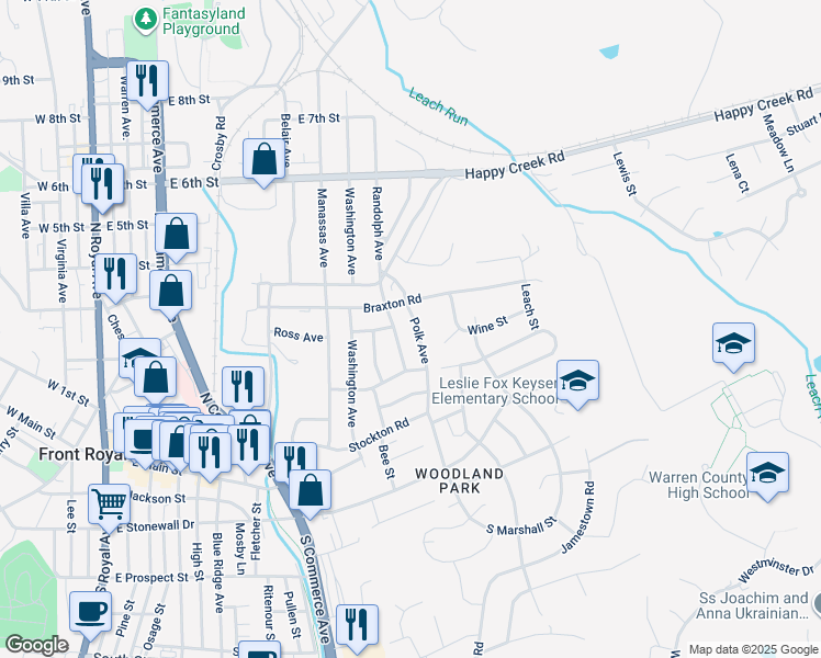 map of restaurants, bars, coffee shops, grocery stores, and more near 224 Polk Avenue in Front Royal