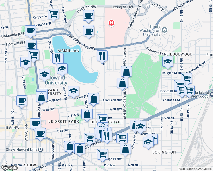 map of restaurants, bars, coffee shops, grocery stores, and more near 2419 First Street Northwest in Washington