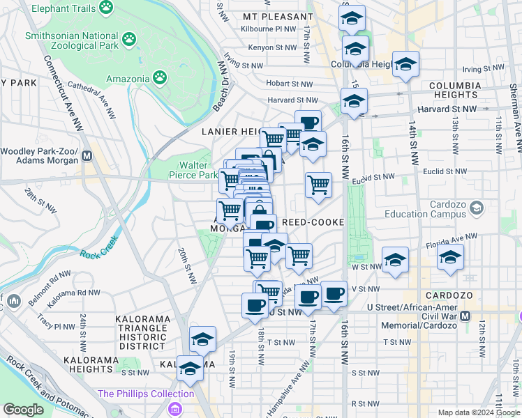 map of restaurants, bars, coffee shops, grocery stores, and more near 2380 Champlain Street Northwest in Washington
