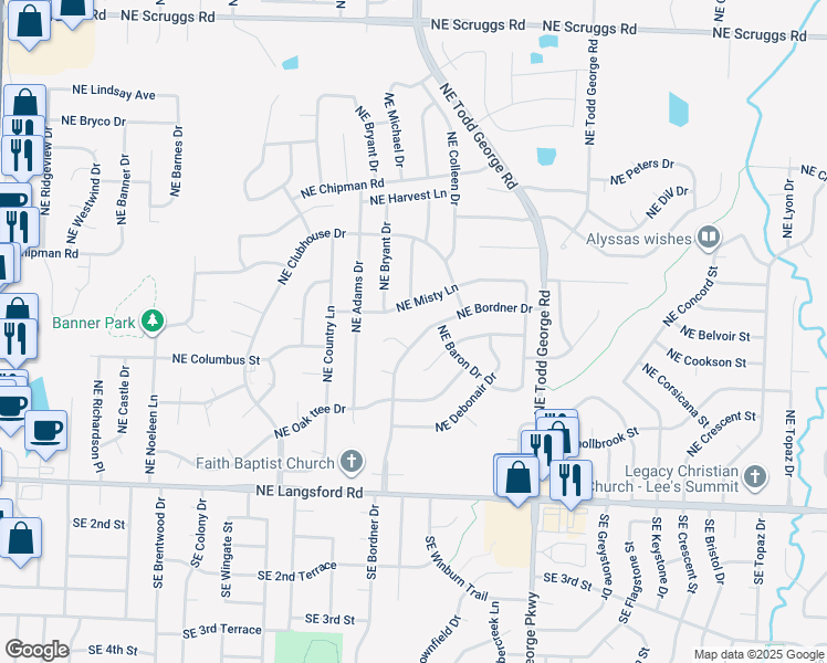 map of restaurants, bars, coffee shops, grocery stores, and more near 522 Northeast Bordner Drive in Lee's Summit