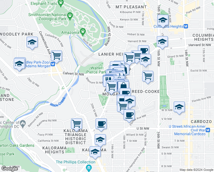map of restaurants, bars, coffee shops, grocery stores, and more near 1832 Biltmore Street Northwest in Washington