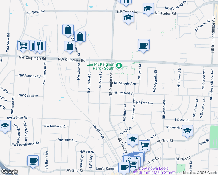 map of restaurants, bars, coffee shops, grocery stores, and more near 504 Northeast Douglas Street in Lee's Summit