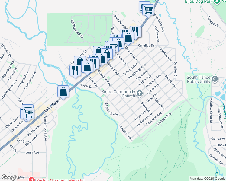 map of restaurants, bars, coffee shops, grocery stores, and more near 1092 Stockton Ave in South Lake Tahoe