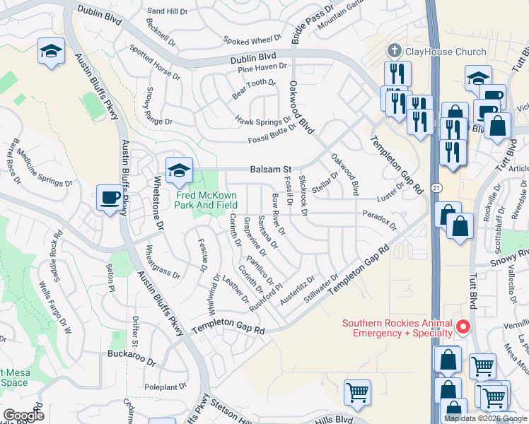 map of restaurants, bars, coffee shops, grocery stores, and more near 6005 Santana Drive in Colorado Springs