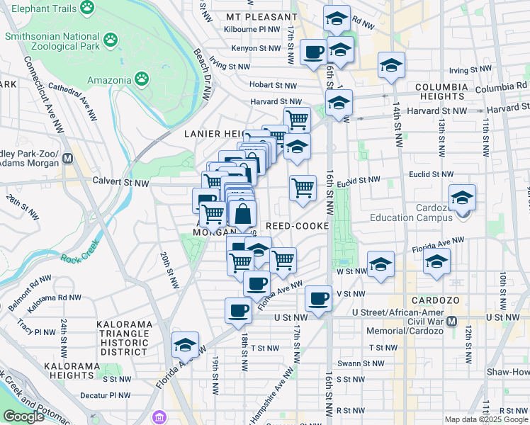 map of restaurants, bars, coffee shops, grocery stores, and more near 2450 Ontario Road Northwest in Washington