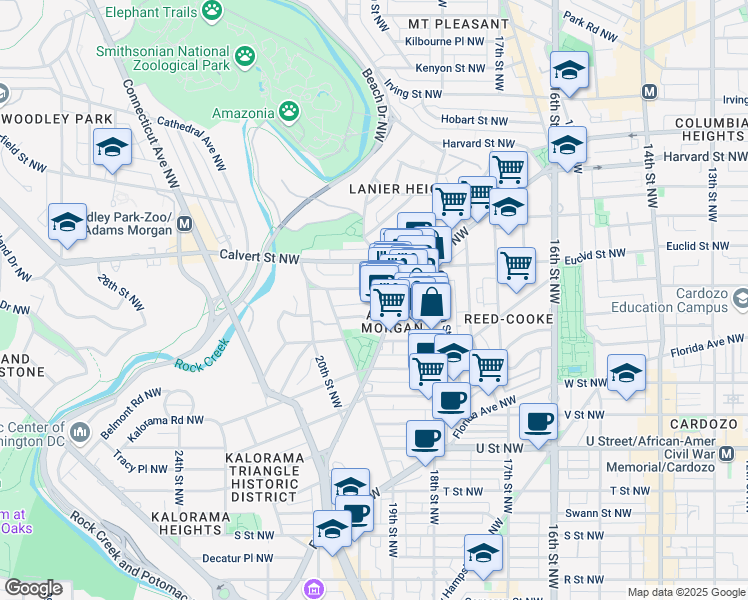 map of restaurants, bars, coffee shops, grocery stores, and more near 1832 Biltmore Street Northwest in Washington