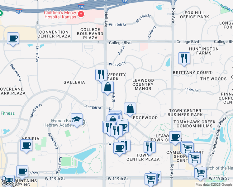 map of restaurants, bars, coffee shops, grocery stores, and more near 11313 Ash Street in Leawood