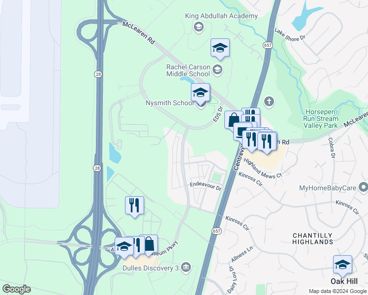map of restaurants, bars, coffee shops, grocery stores, and more near 13605 Air and Space Museum Parkway in Herndon