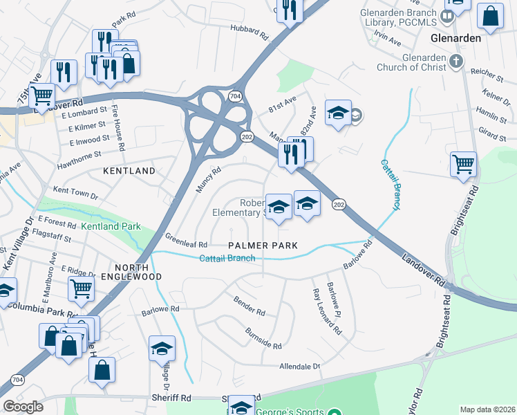 map of restaurants, bars, coffee shops, grocery stores, and more near 2314 Matthew Henson Avenue in Greater Landover