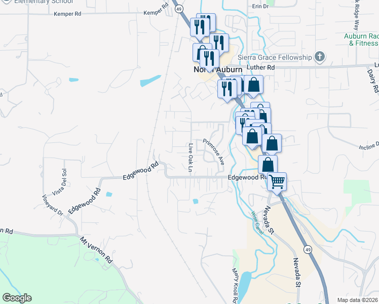 map of restaurants, bars, coffee shops, grocery stores, and more near 1259 Live Oak Lane in Auburn