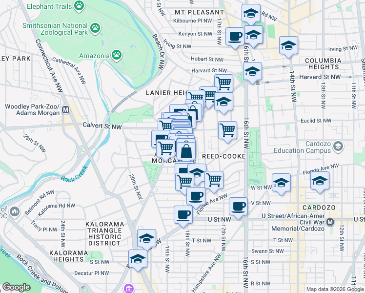 map of restaurants, bars, coffee shops, grocery stores, and more near 2459 18th Street Northwest in Washington