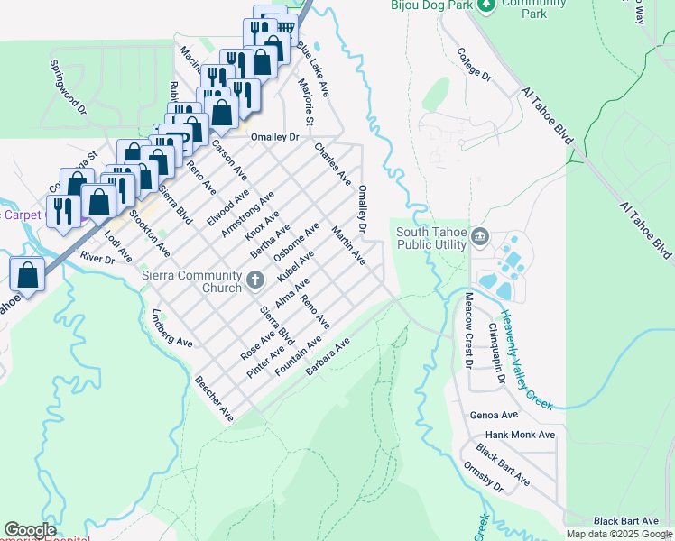 map of restaurants, bars, coffee shops, grocery stores, and more near 2641 Rose Avenue in South Lake Tahoe