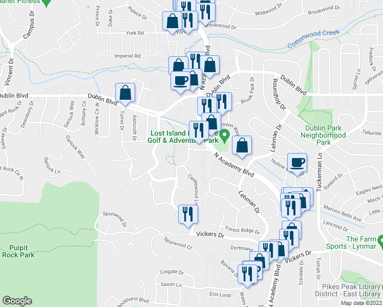 map of restaurants, bars, coffee shops, grocery stores, and more near 6243 Twin Oaks Drive in Colorado Springs