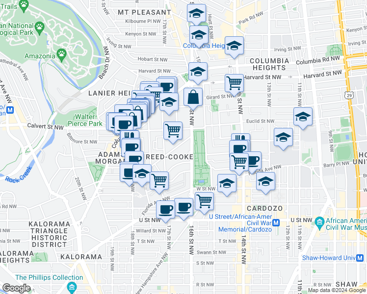 map of restaurants, bars, coffee shops, grocery stores, and more near 2440 16th Street Northwest in Washington